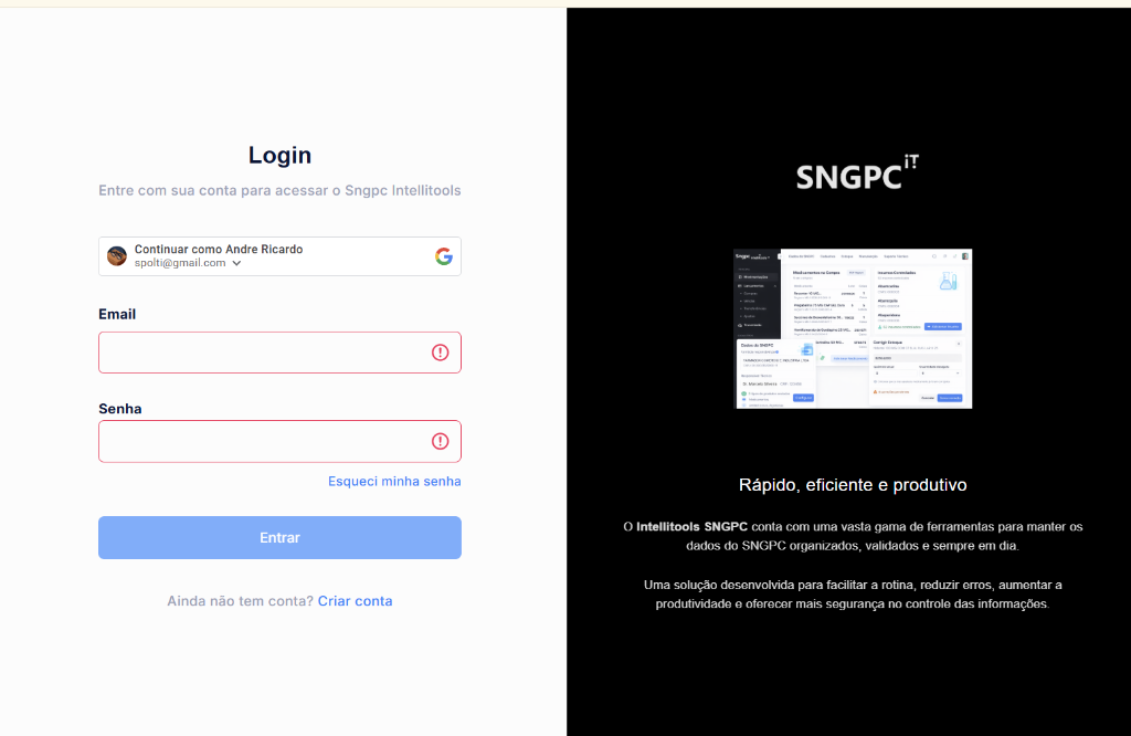 Tela de Login do SNGPC Online Intellitools